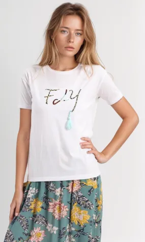 57608 Front Embroidered "Fly" With Tassle White Tee