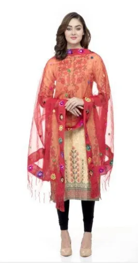 A R Silk Women's Orgenza Cotton Thread Work Red Fancy Dupatta