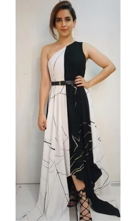 Abstract Printed Black & White One Shoulder Drape Dress