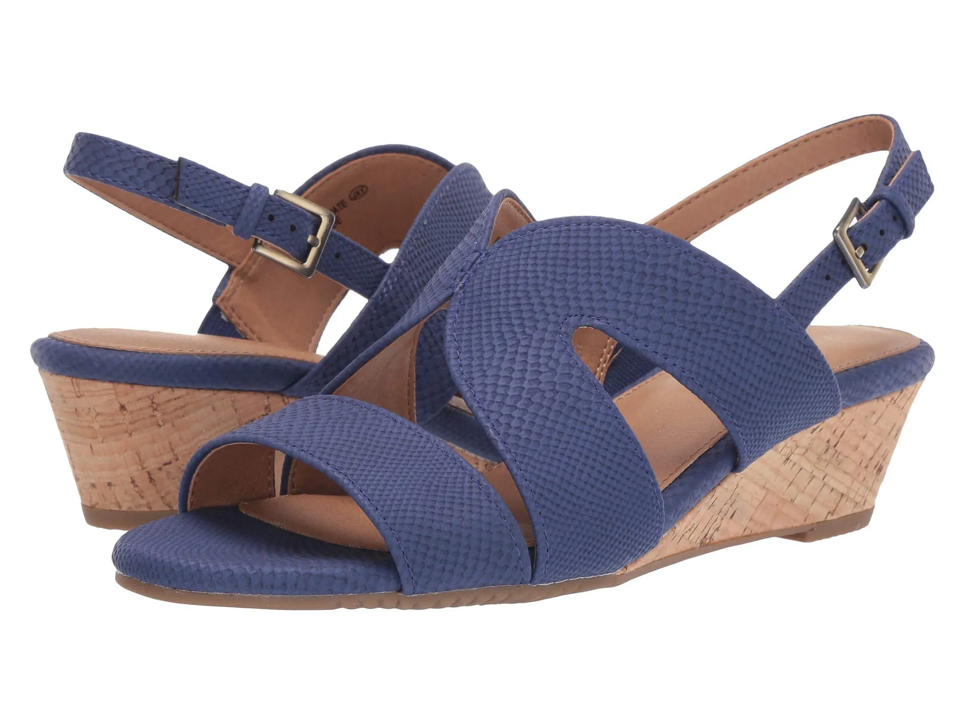 Aerosoles Textured Blue Snake Ankle Buckle Round Open Toe Cork Wedge Sandal