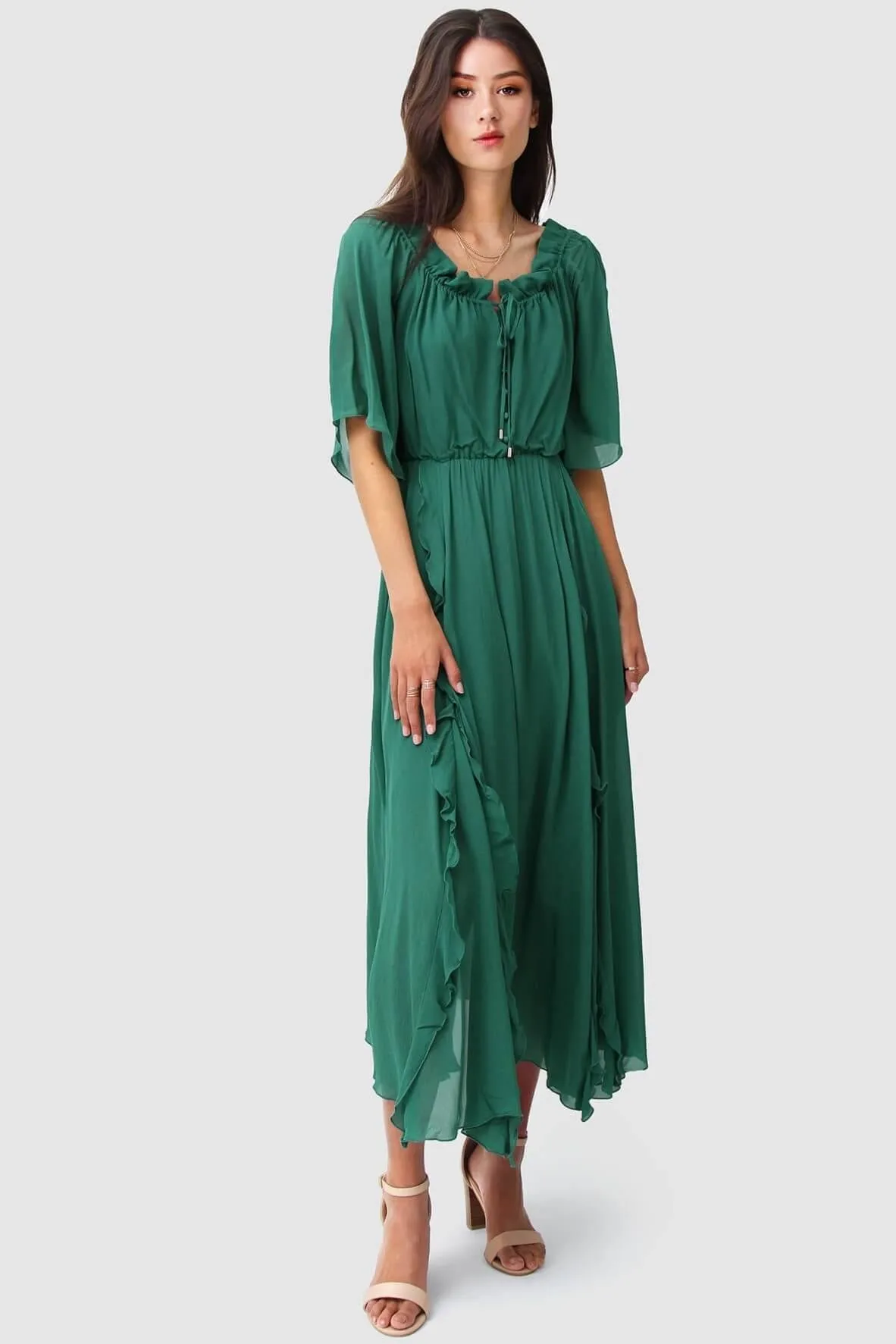 Amour Amour Ruffled Maxi Dress in Dark Green