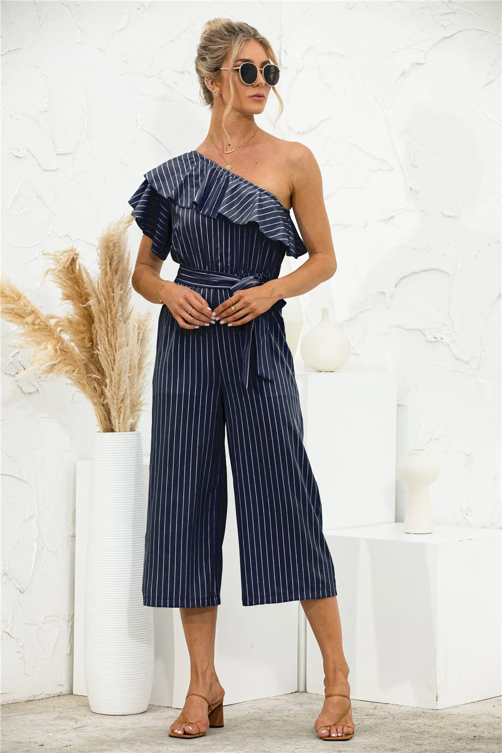 Asymmetric Neck Ruffle Trim Striped Jumpsuit