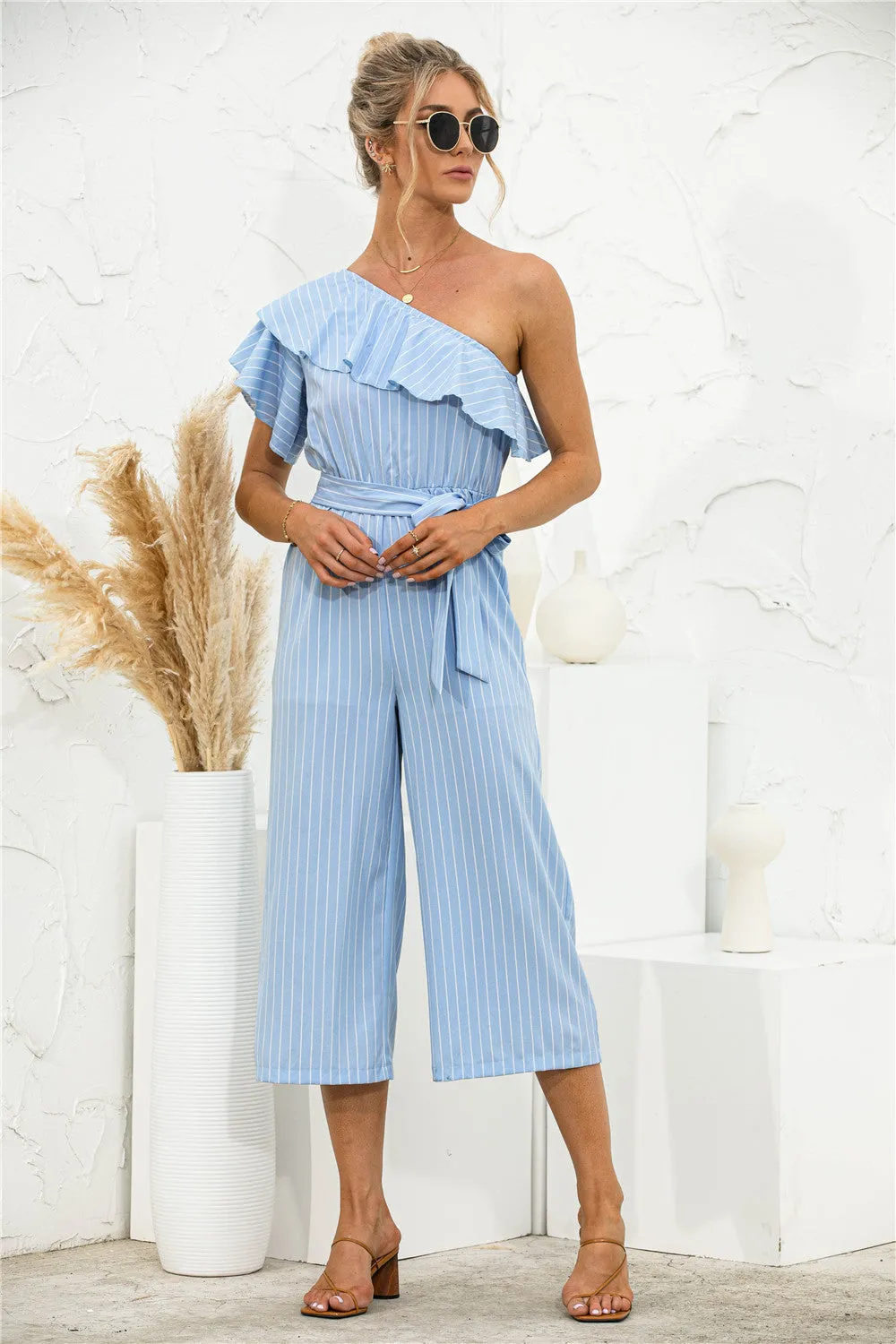 Asymmetric Neck Ruffle Trim Striped Jumpsuit