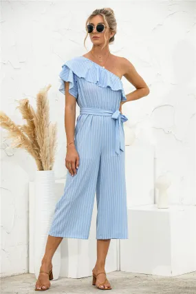 Asymmetric Neck Ruffle Trim Striped Jumpsuit