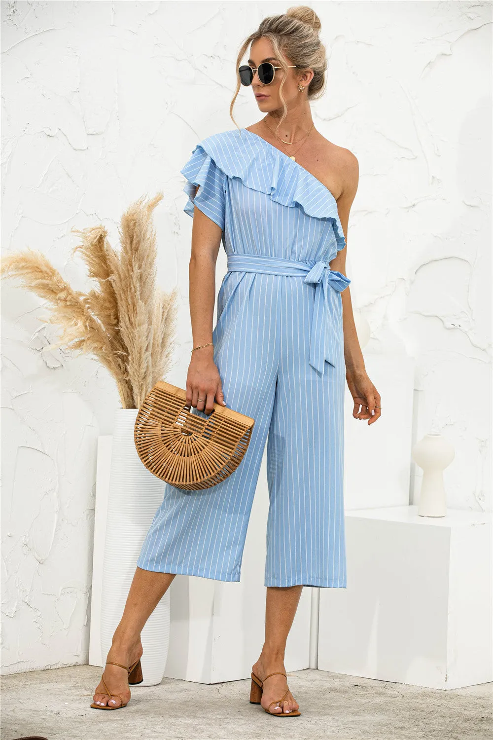 Asymmetric Neck Ruffle Trim Striped Jumpsuit