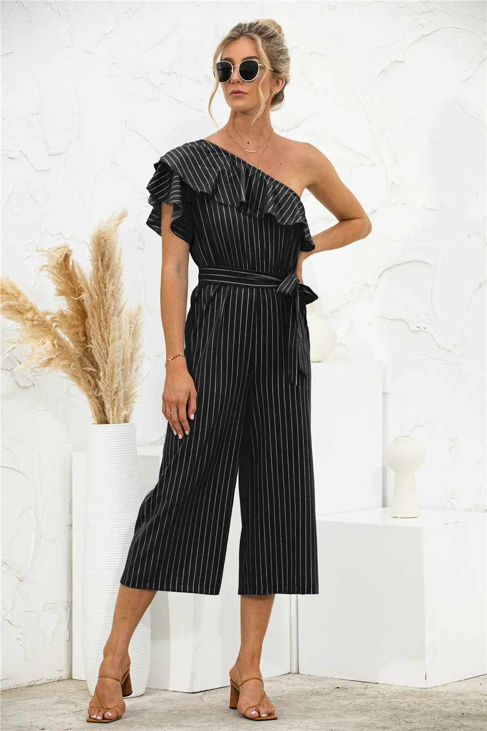 Asymmetric Neck Ruffle Trim Striped Jumpsuit