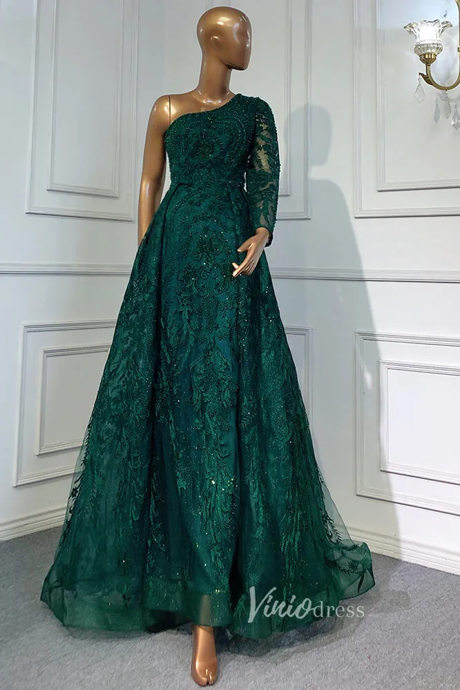 Beaded One Shoulder Formal Dresses A-Line Lace Applique Prom Dress FD3005