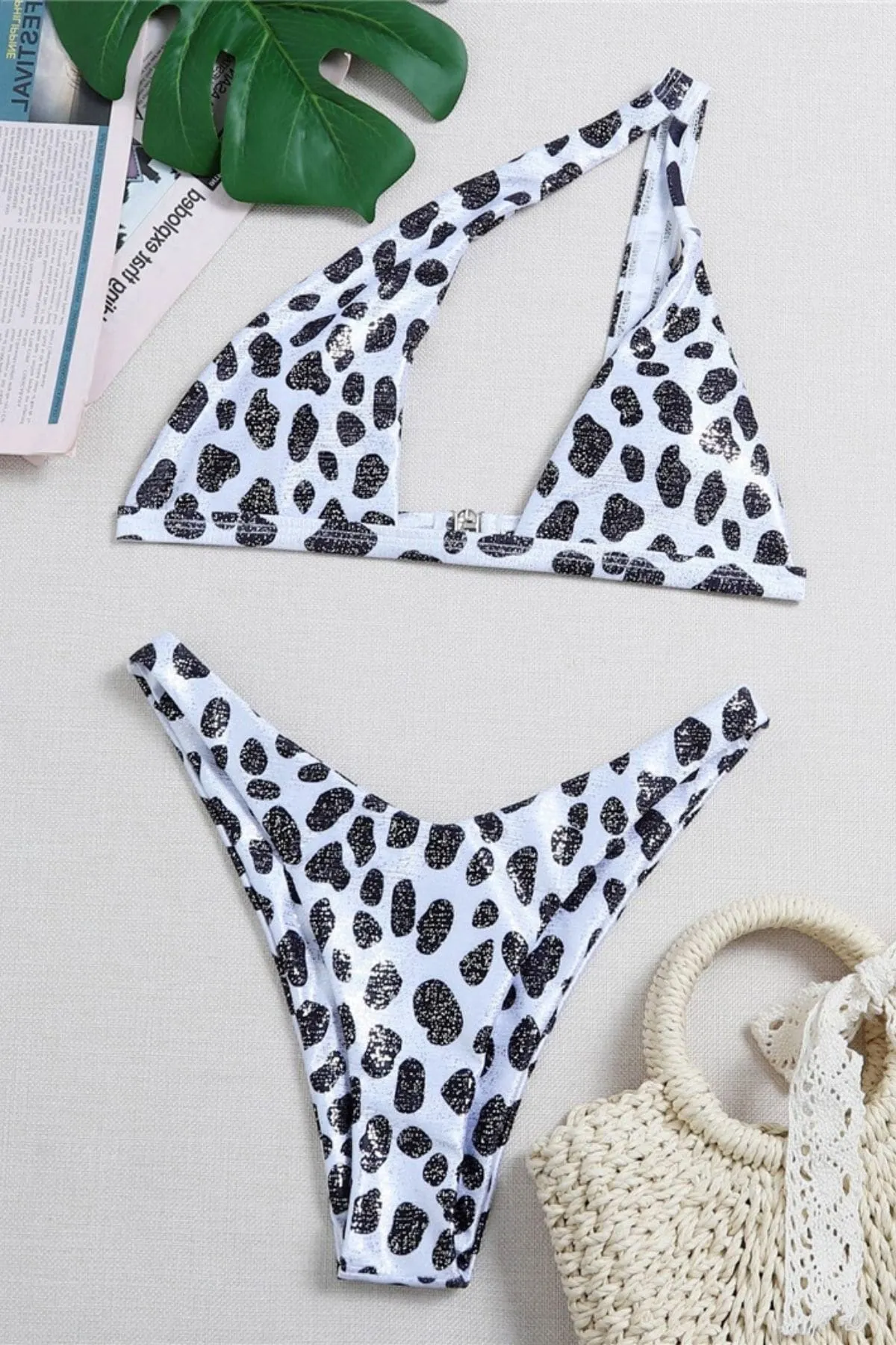 Black Cow Print One Shoulder Cut Out Bikini