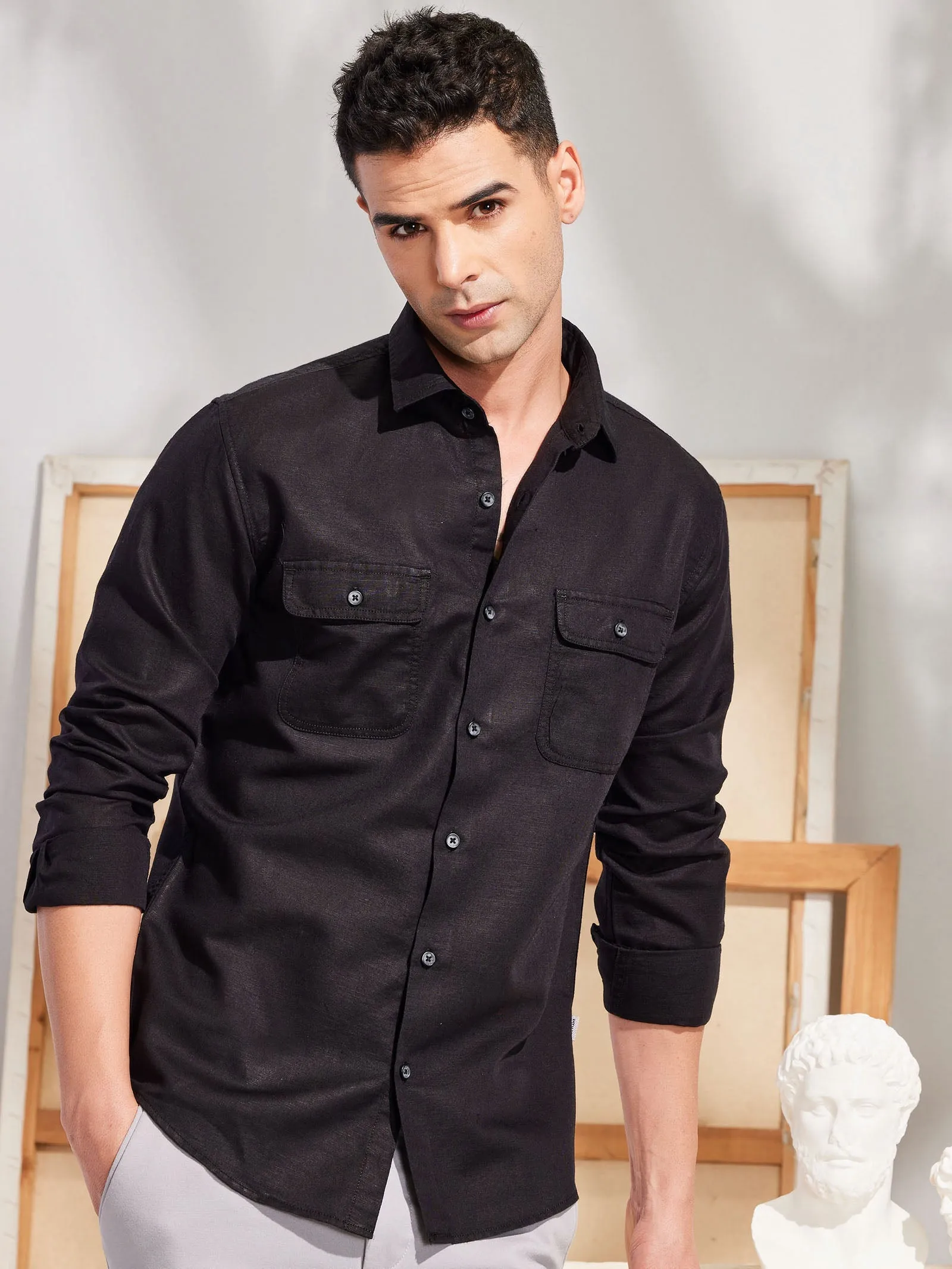 Black Linen Cargo Shirt