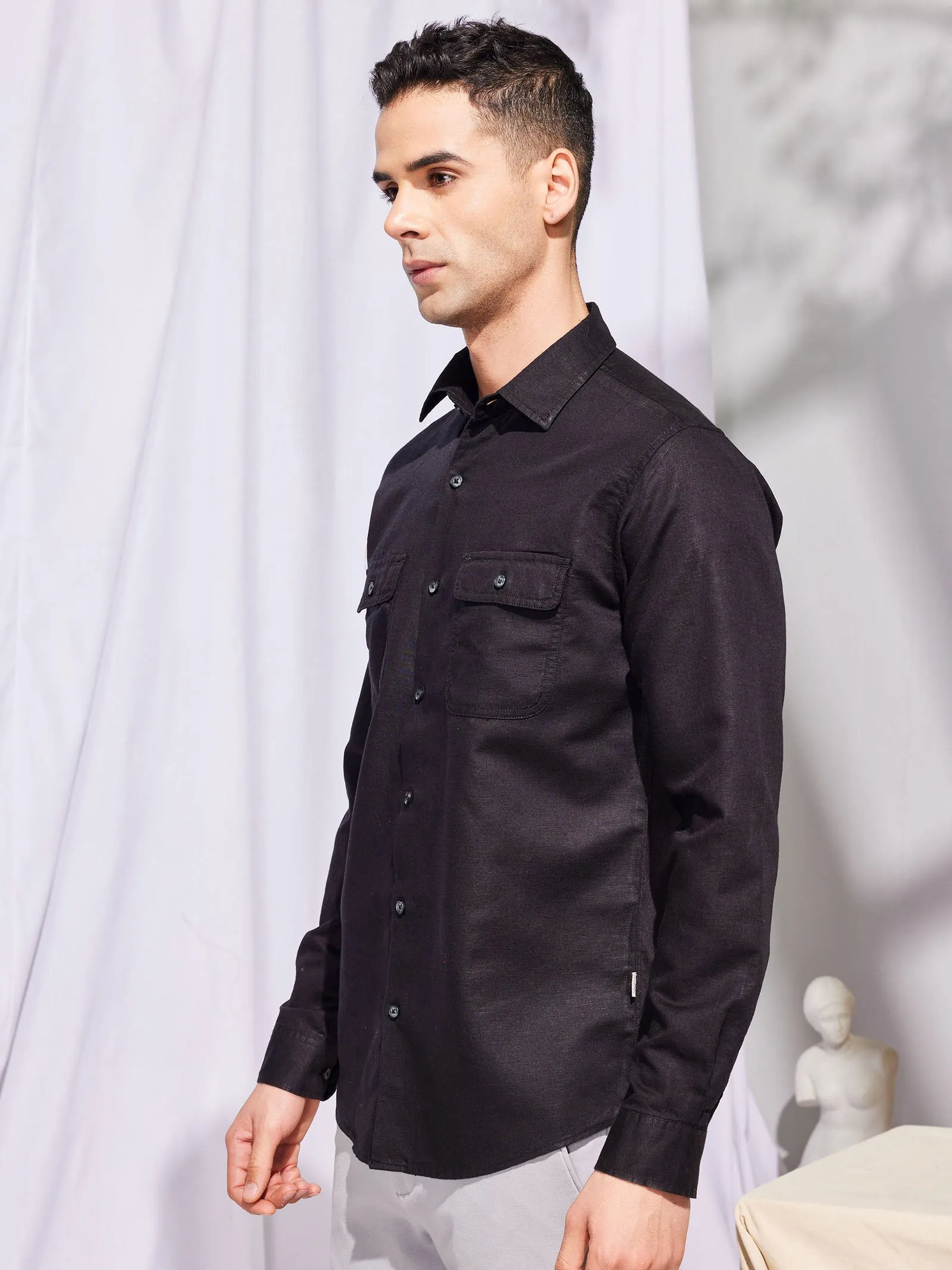 Black Linen Cargo Shirt