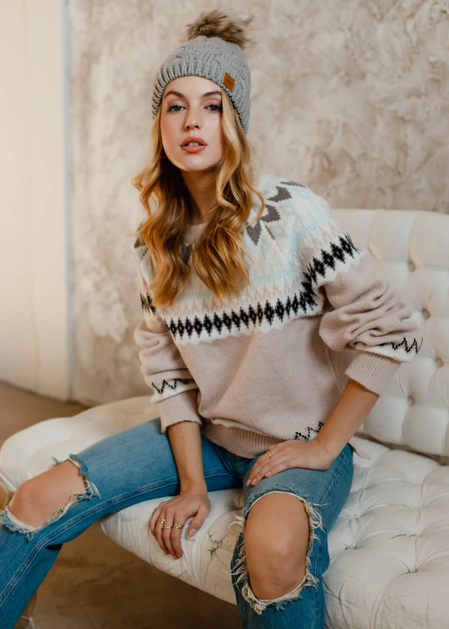 Blush w/ Grey, Black & Blue Print Sweater