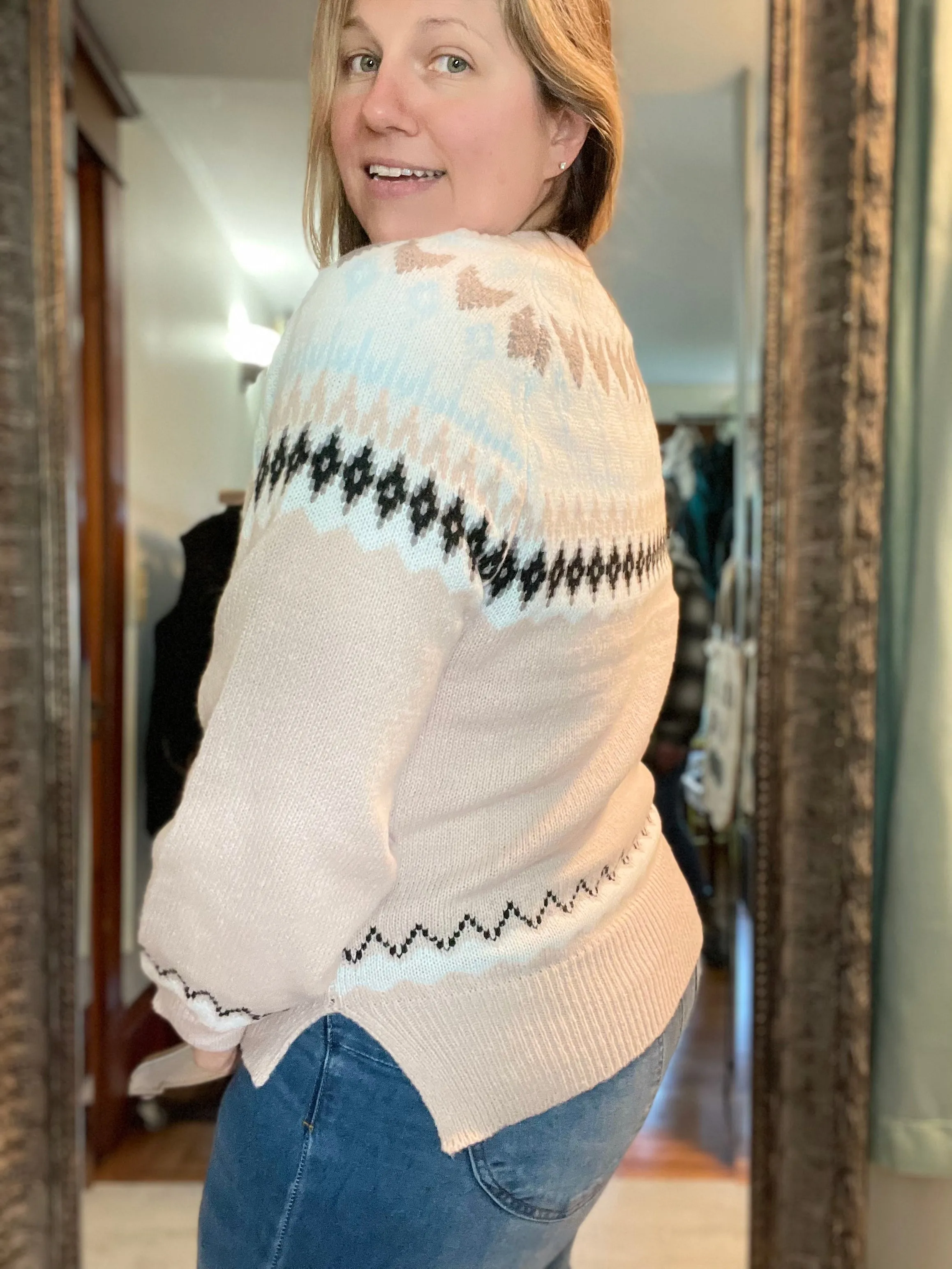 Blush w/ Grey, Black & Blue Print Sweater