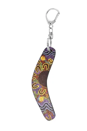 Boomerang Shape Wooden Keyring (Australian Made) - Women Gathering At Waterholes By Merryn Apma