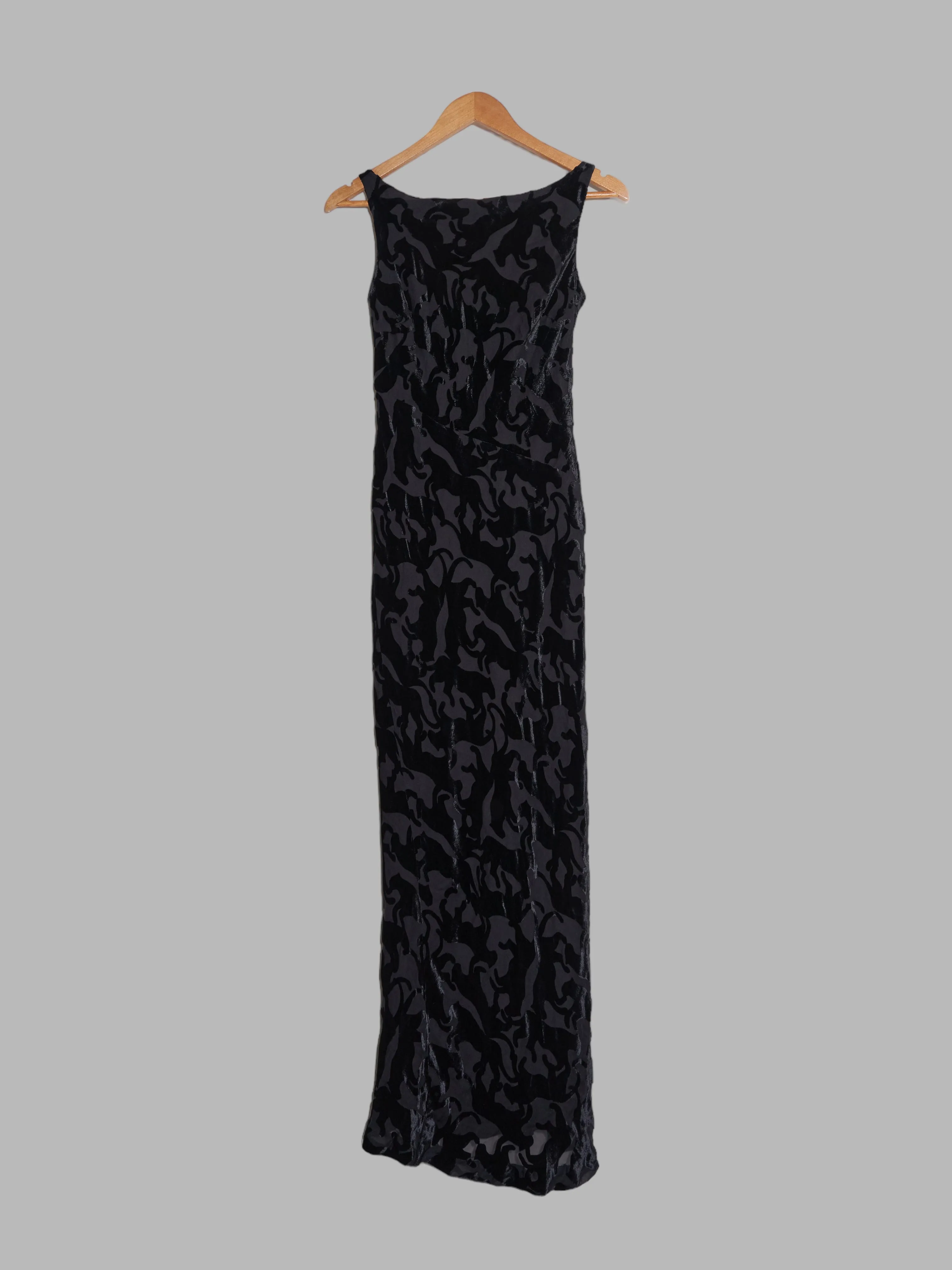 Corinne Cobson black burnout devore velvet sleeveless scoop neck maxi dress