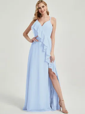 Cornflower Blue Criss-Cross Straps Ruffles Chiffon Bridesmaid Dress