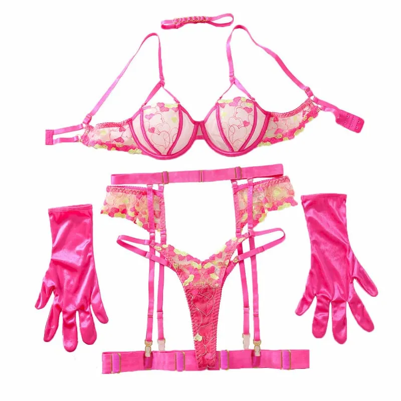 Fluorescent Powder Pink Embroidered Sexy Underwear 6-piece Set