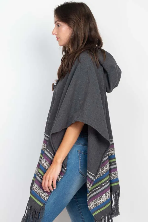 Jacauard Border Hooded Poncho