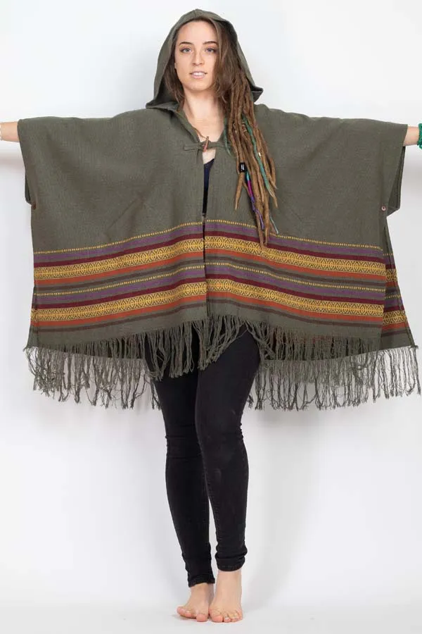 Jacauard Border Hooded Poncho