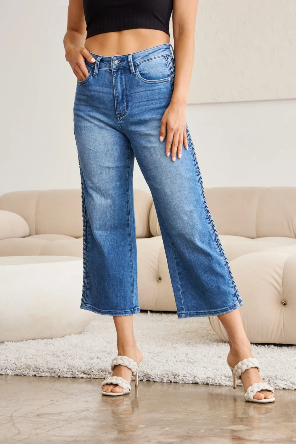 Judy Blue, Braid Side Detailed Wide Leg Jeans