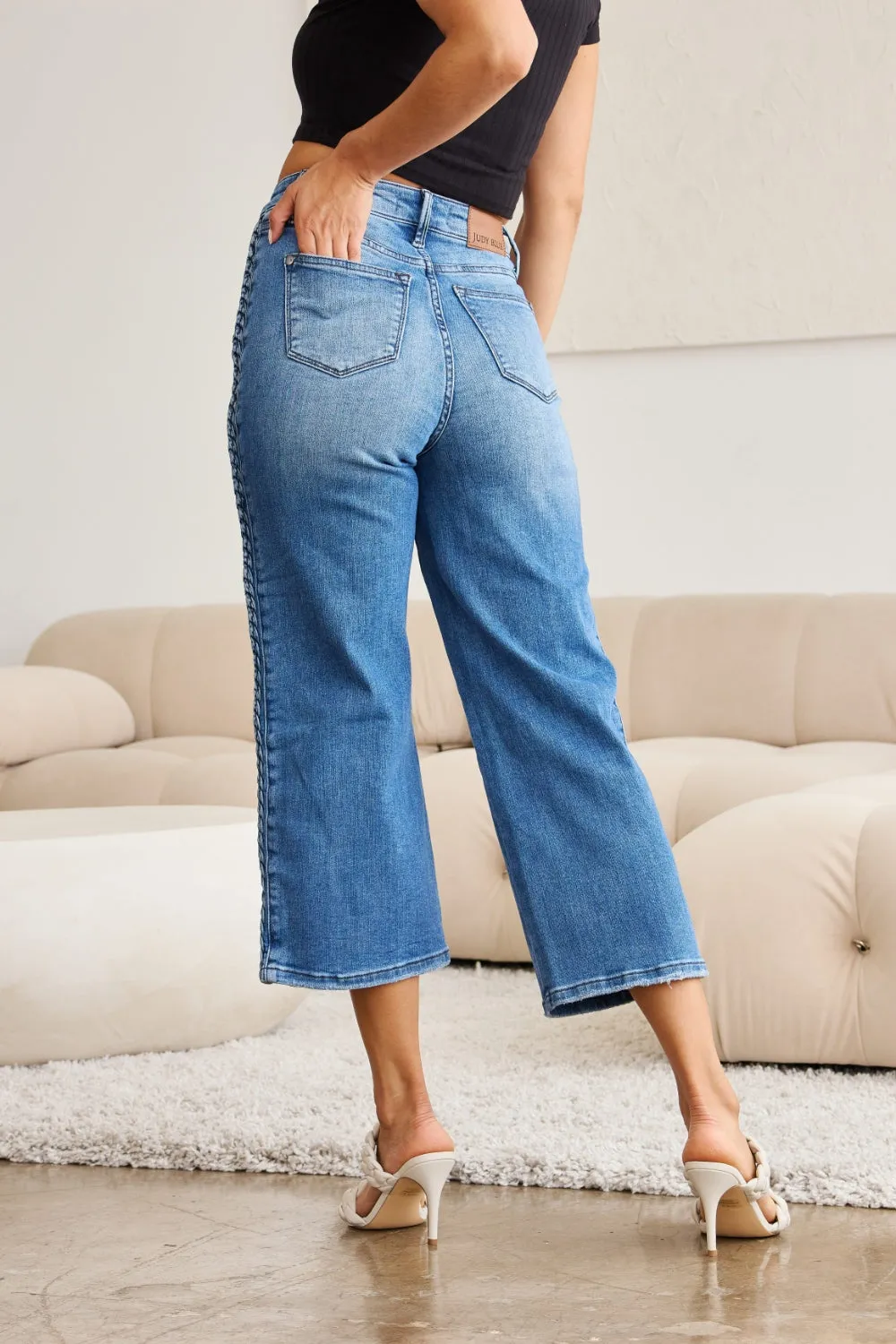 Judy Blue, Braid Side Detailed Wide Leg Jeans