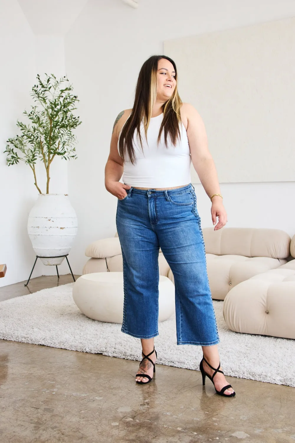 Judy Blue, Braid Side Detailed Wide Leg Jeans