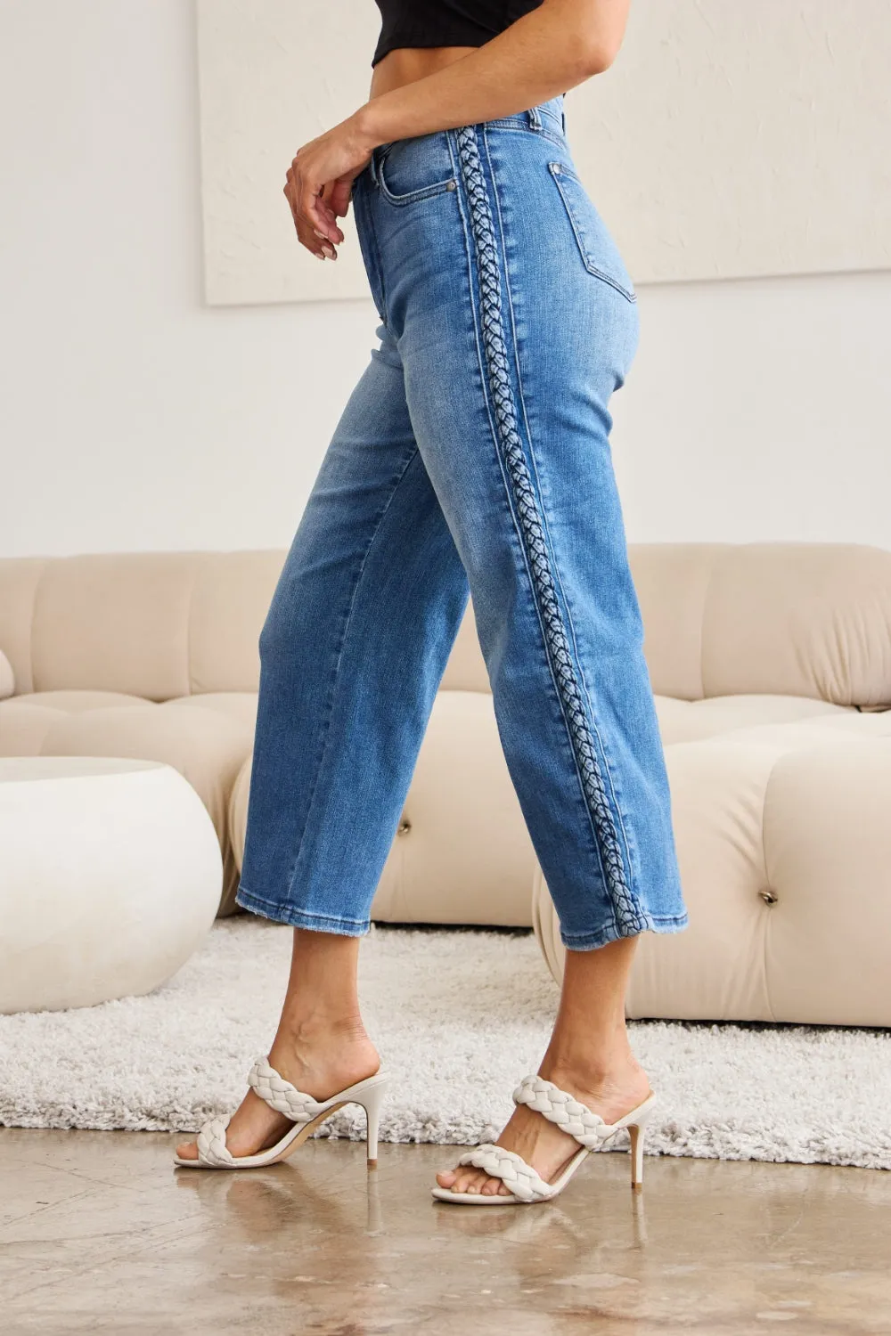 Judy Blue, Braid Side Detailed Wide Leg Jeans