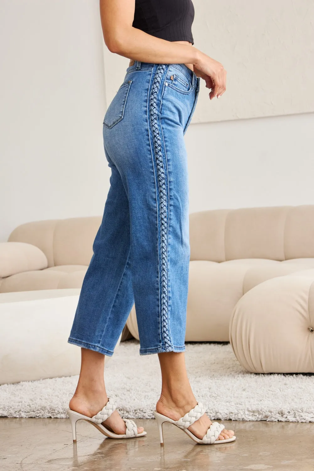 Judy Blue, Braid Side Detailed Wide Leg Jeans