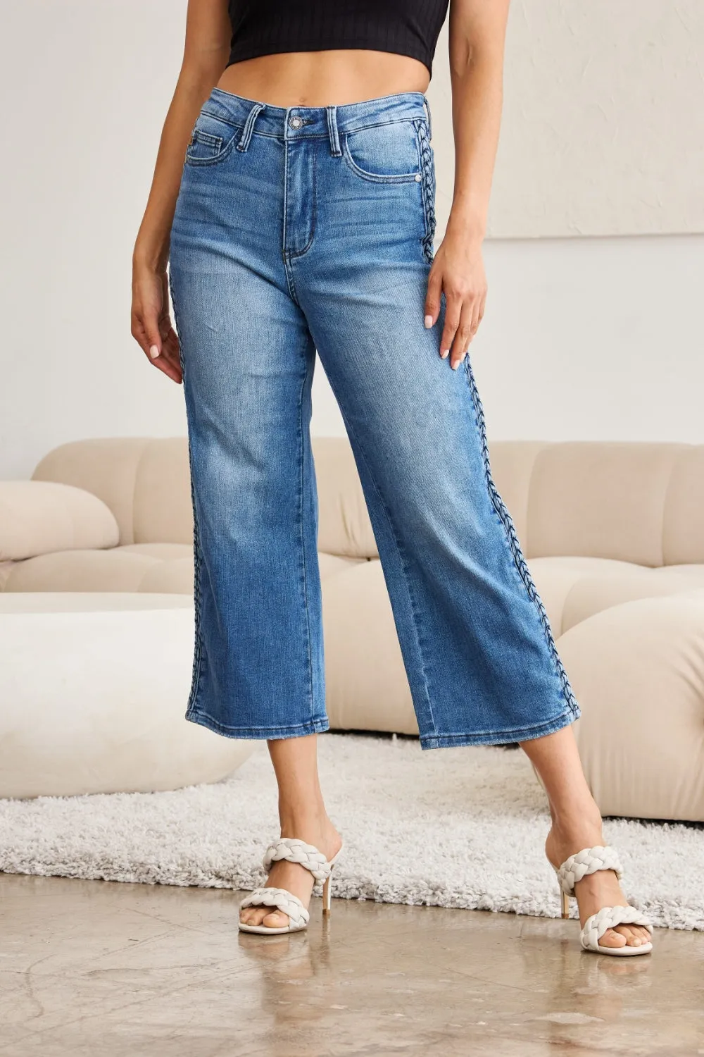 Judy Blue, Braid Side Detailed Wide Leg Jeans