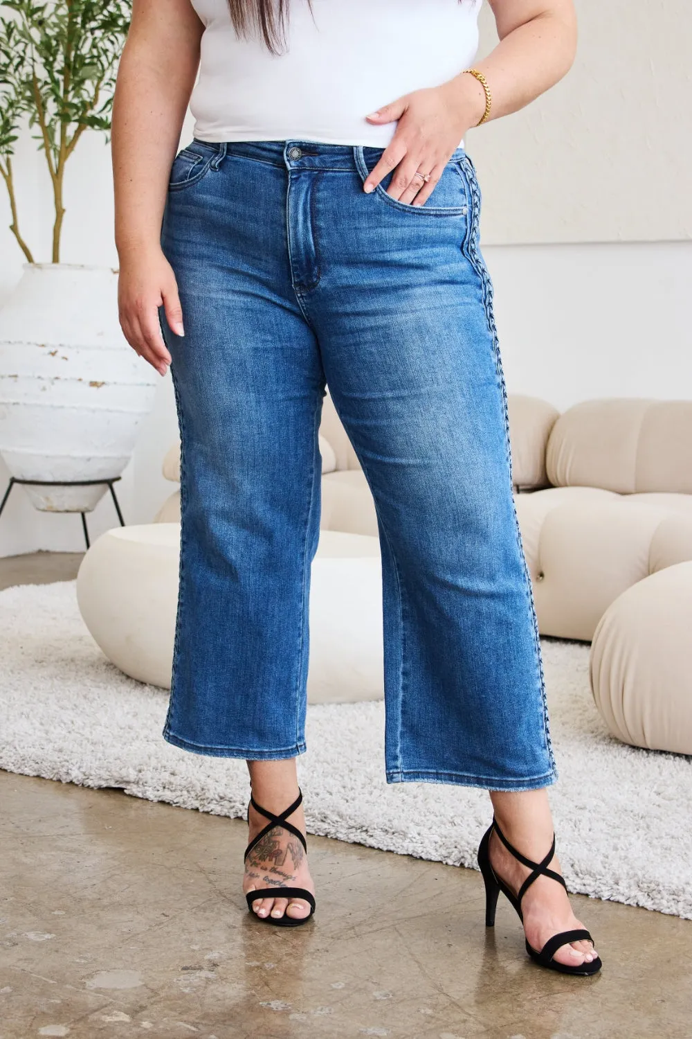 Judy Blue, Braid Side Detailed Wide Leg Jeans