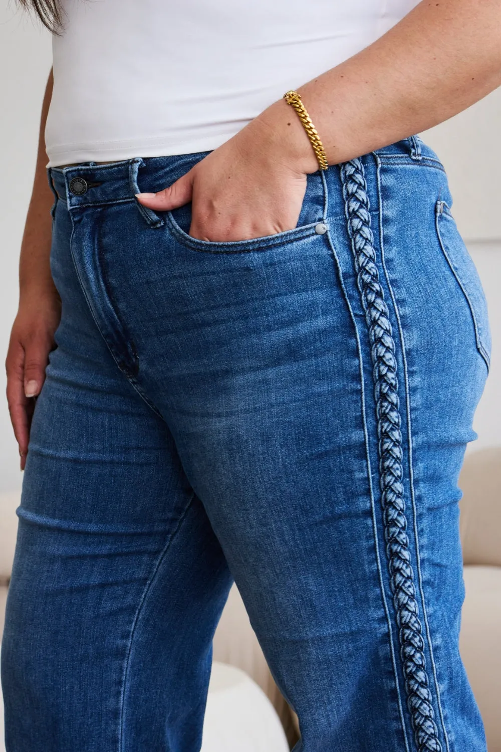 Judy Blue, Braid Side Detailed Wide Leg Jeans