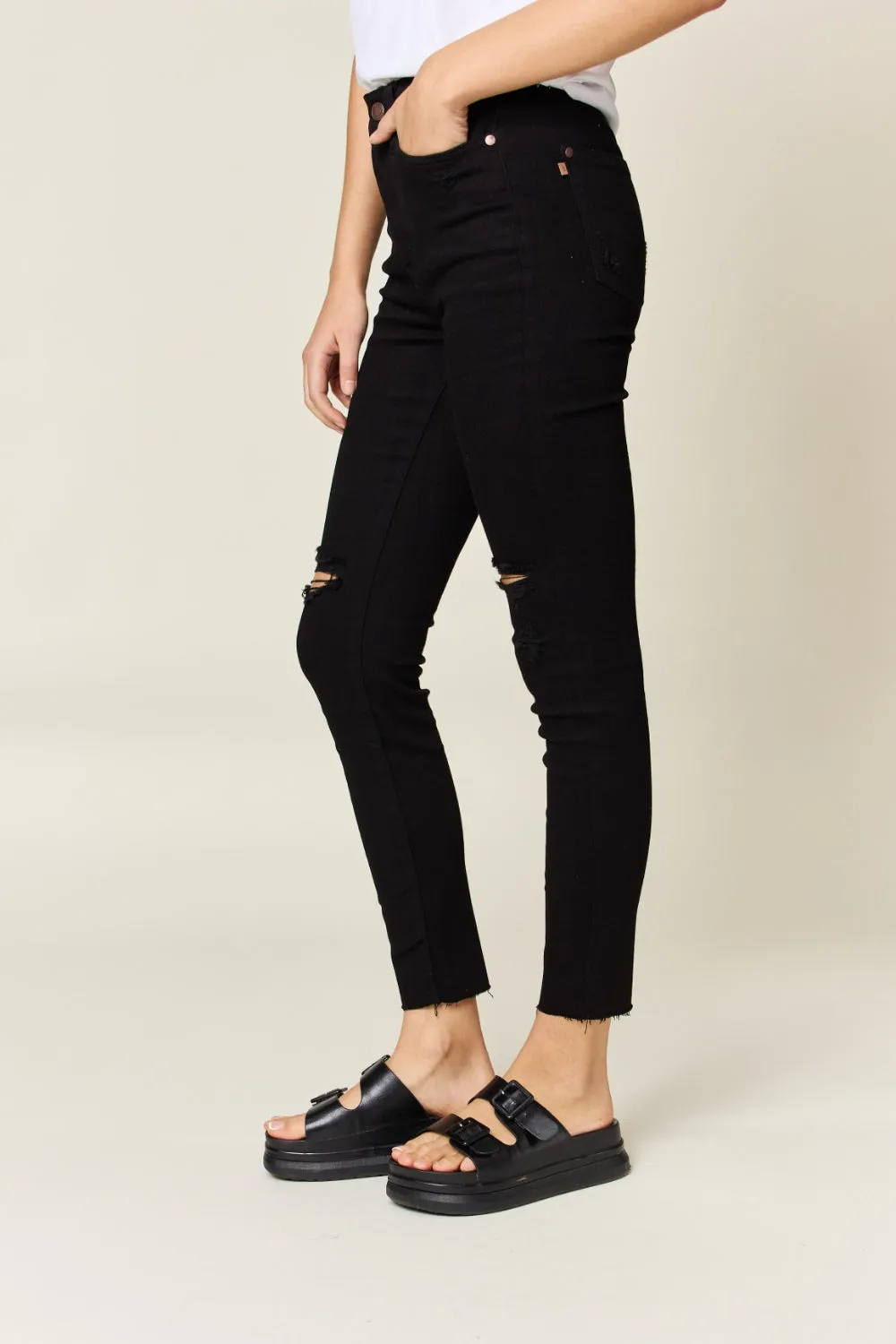 Judy Blue, High-Rise Heavy Destroy Raw Hem Tummy Control Skinny Jeans