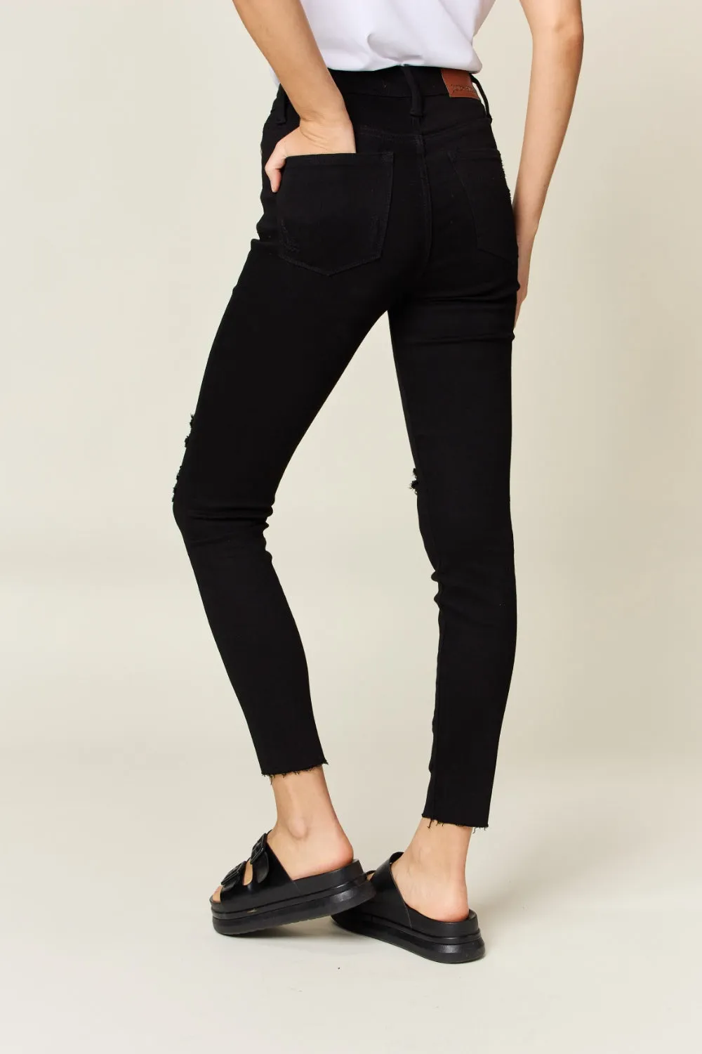 Judy Blue, High-Rise Heavy Destroy Raw Hem Tummy Control Skinny Jeans