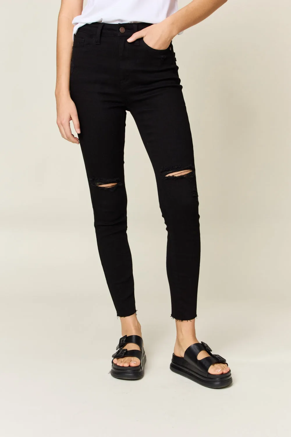 Judy Blue, High-Rise Heavy Destroy Raw Hem Tummy Control Skinny Jeans