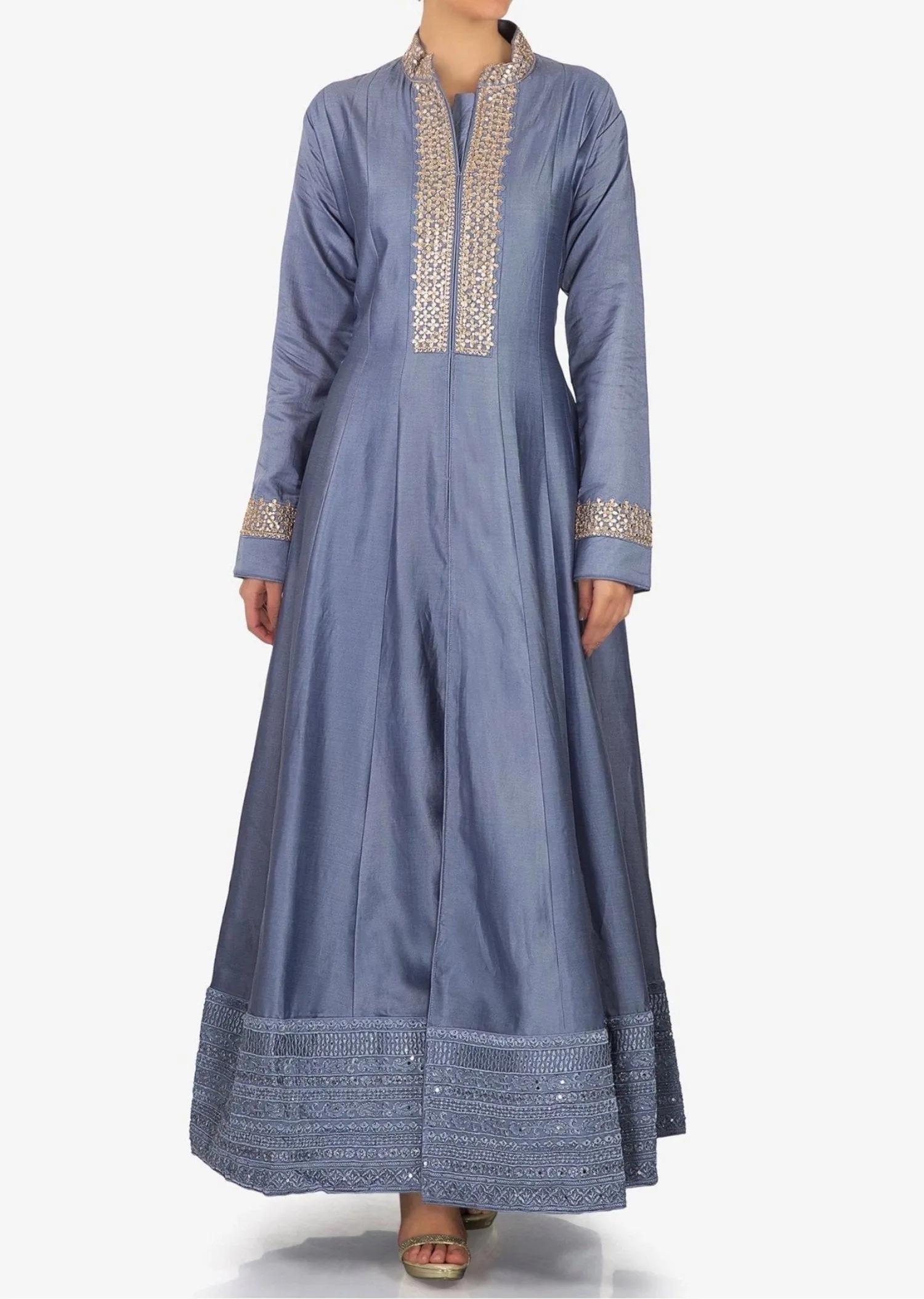 Lavender blue anarkali suit in silk with embroidered placket