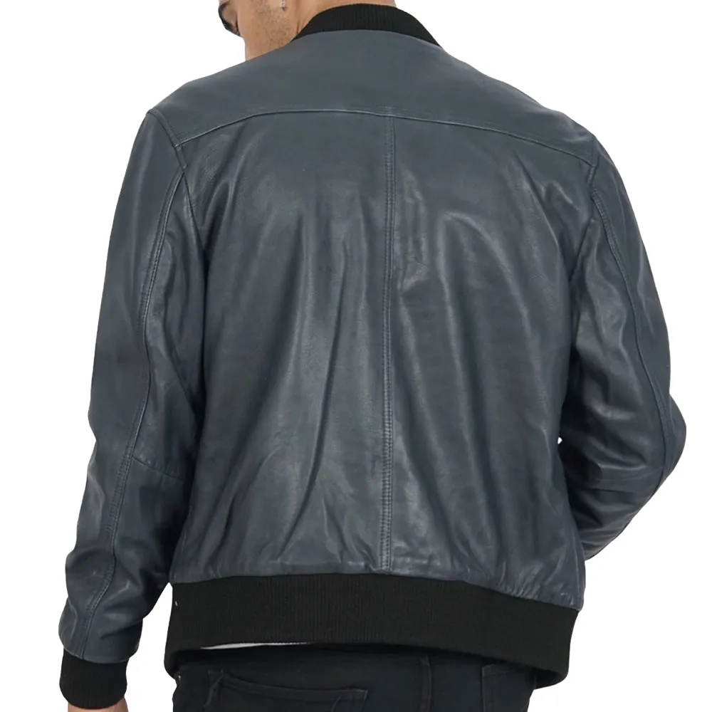 Masako Blue Leather Bomber Jacket