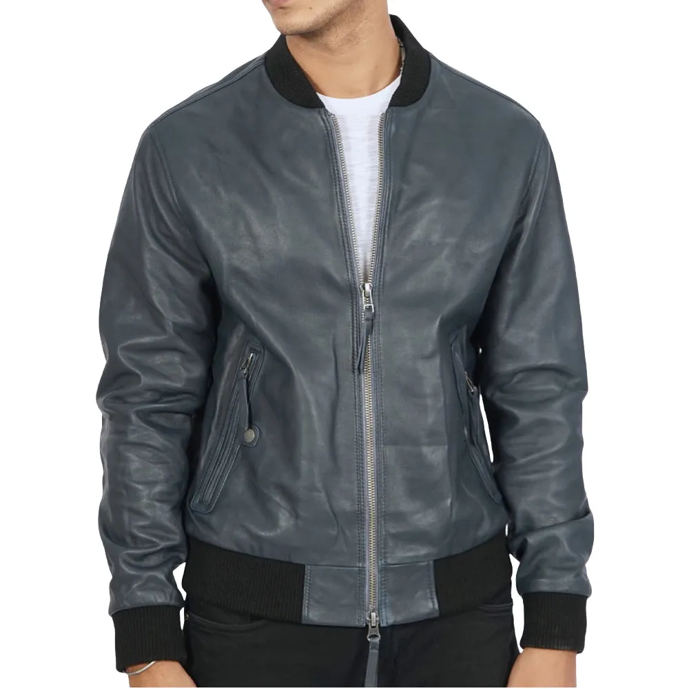 Masako Blue Leather Bomber Jacket