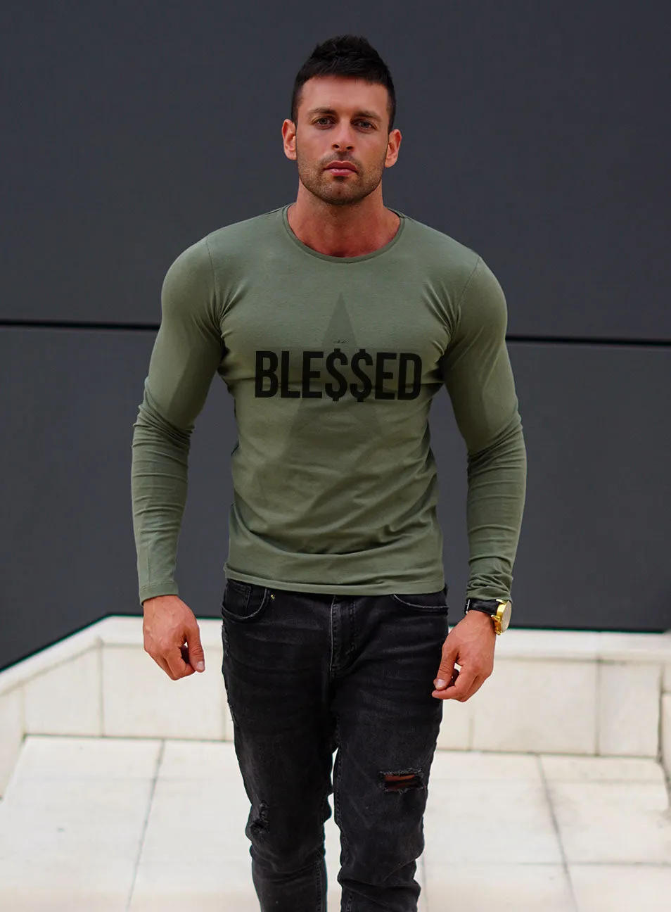 Mens Long Sleeve T-shirt "BLE$$ED" MD744