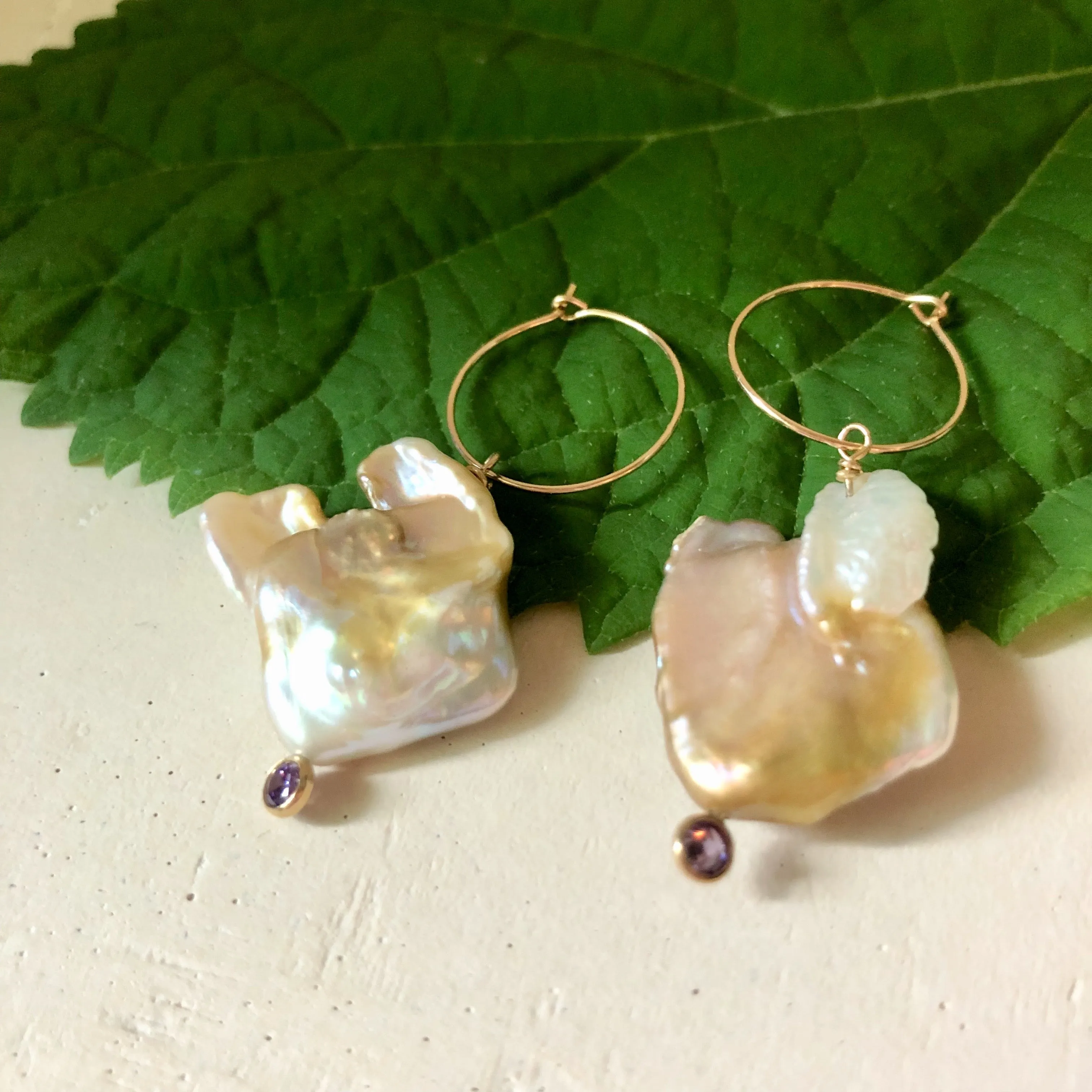 Natural Keshi Pearl and Gold Filled Hoop Earrings with Light Purple Cubic Zirconia