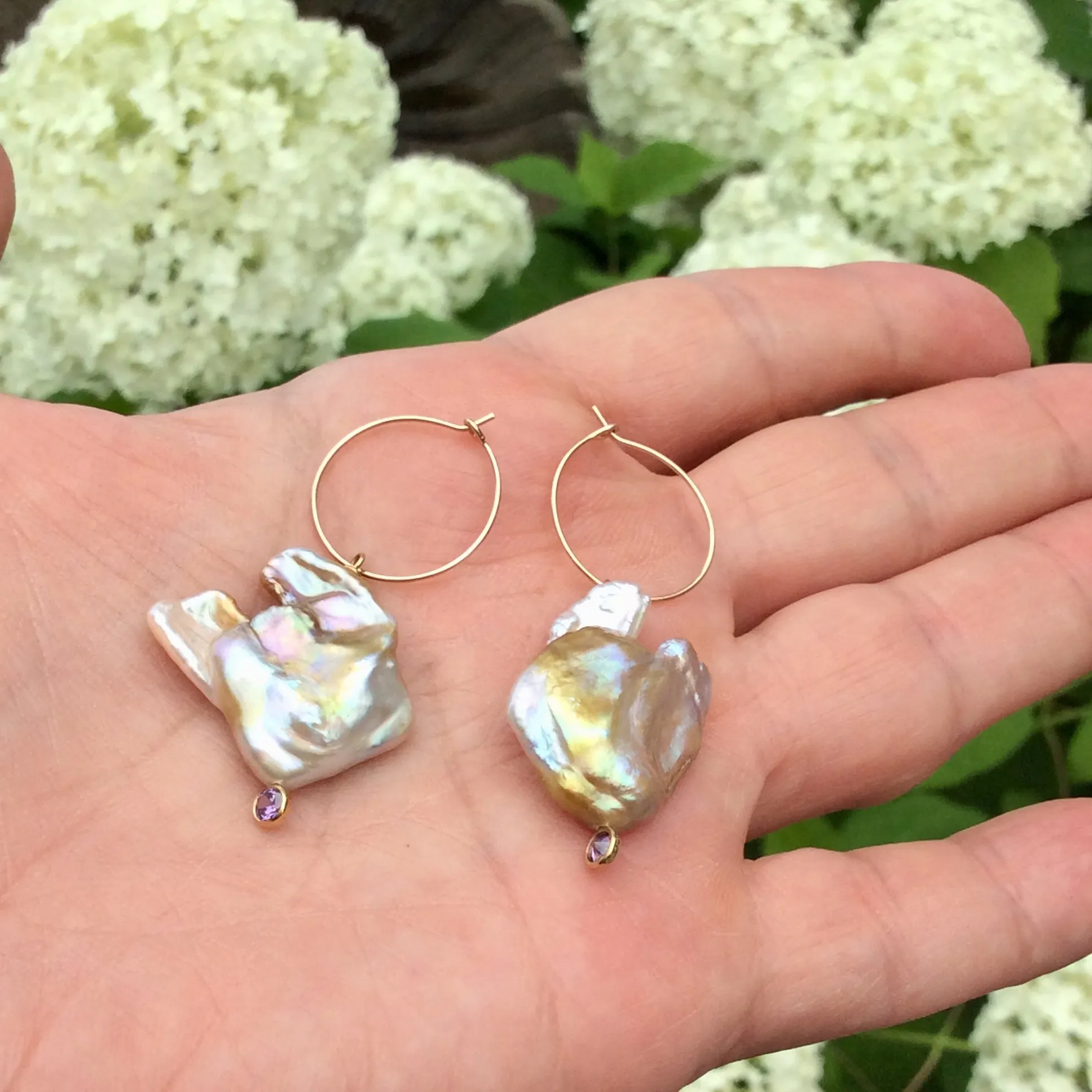 Natural Keshi Pearl and Gold Filled Hoop Earrings with Light Purple Cubic Zirconia