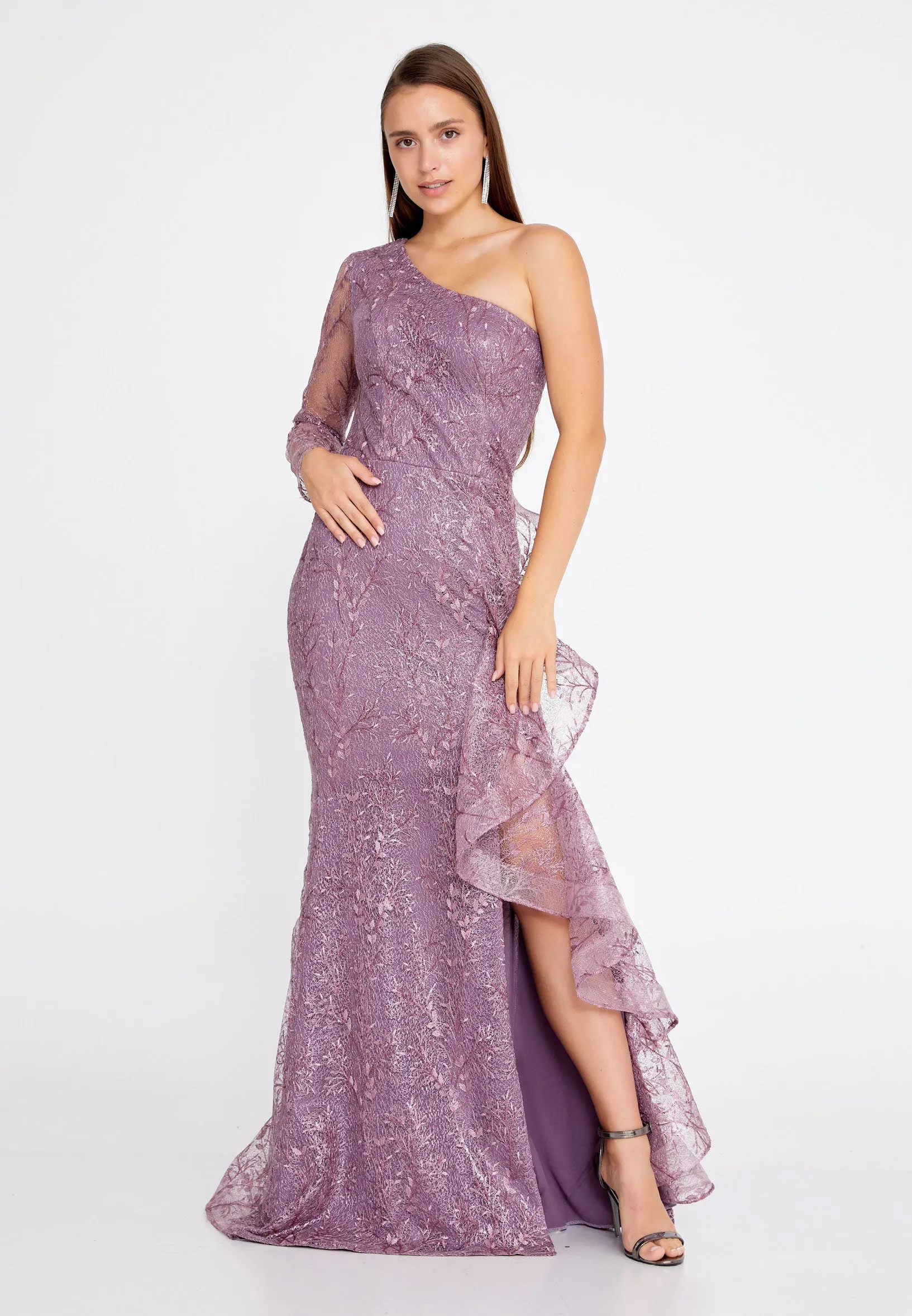 One Shoulder Maxi Lace Mermaid Regular Purple Wedding Guest Dress- Purple