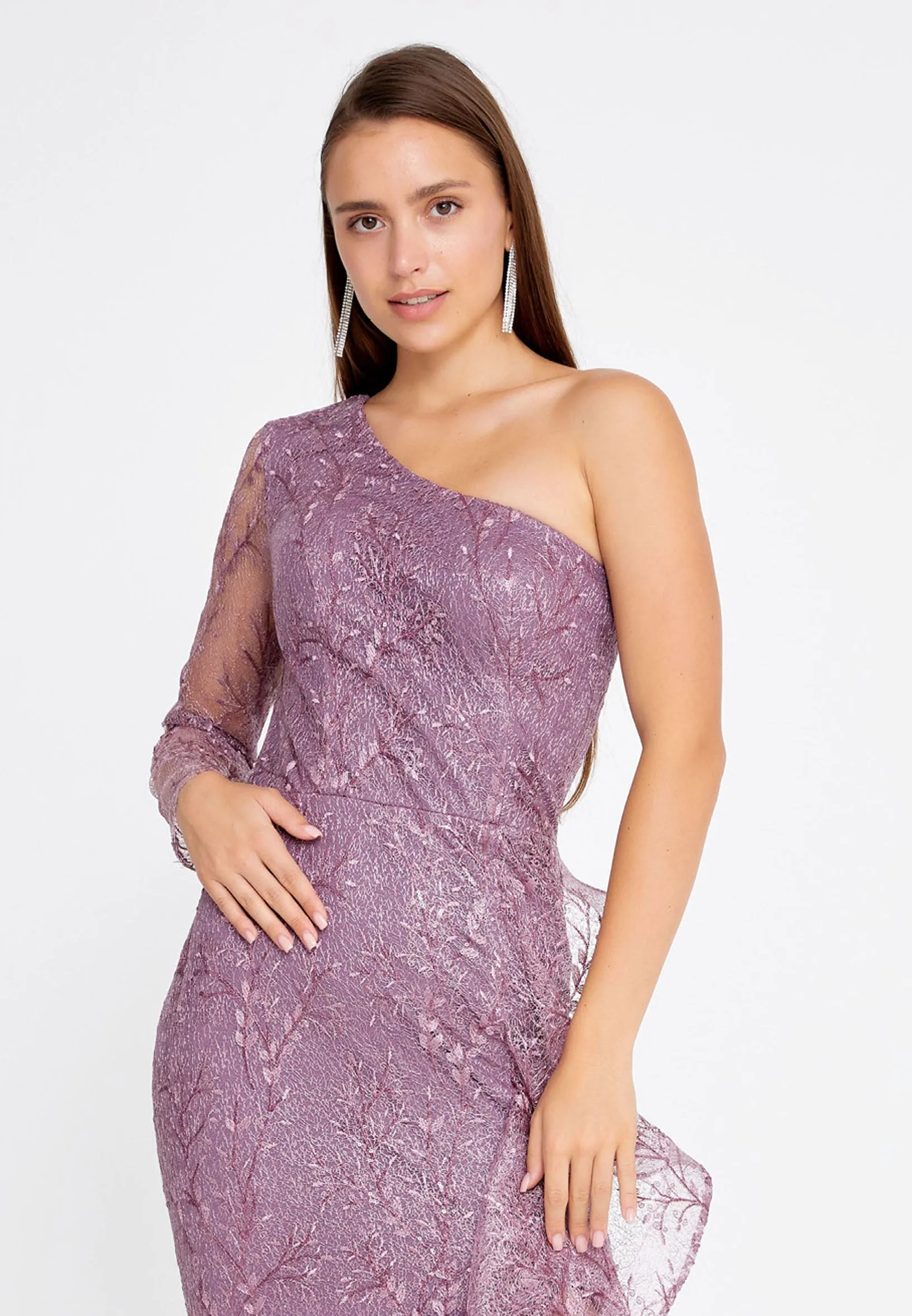 One Shoulder Maxi Lace Mermaid Regular Purple Wedding Guest Dress- Purple