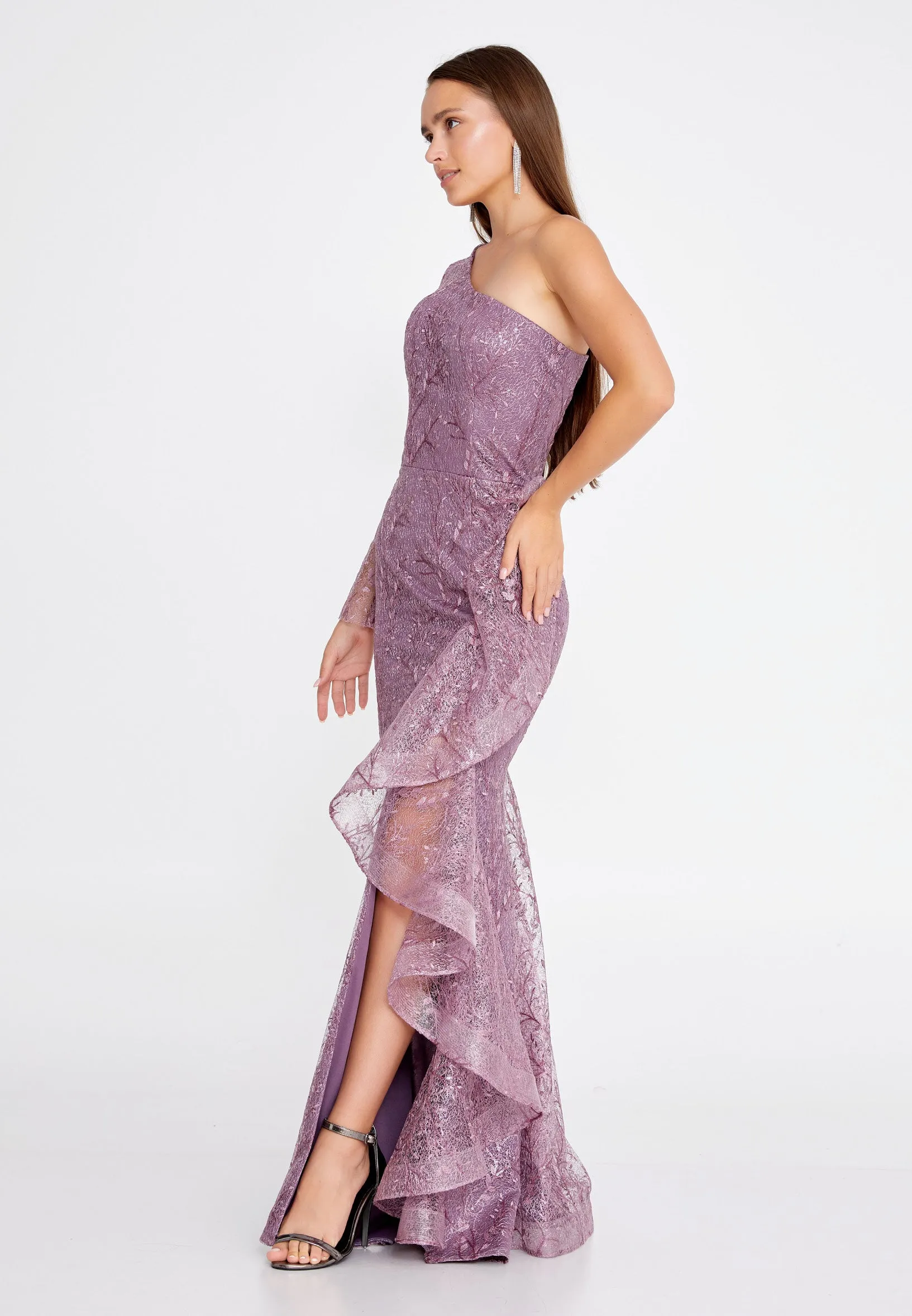 One Shoulder Maxi Lace Mermaid Regular Purple Wedding Guest Dress- Purple