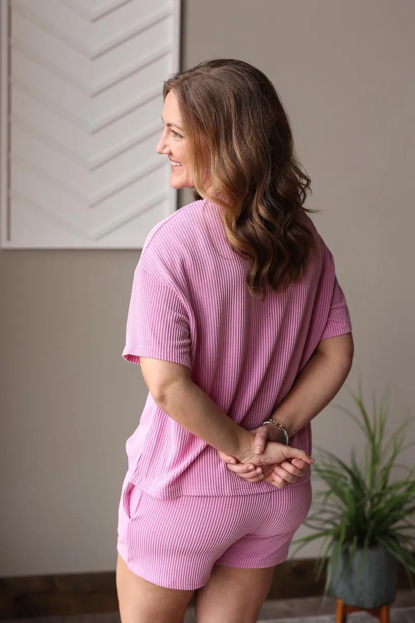 Rose Pink Ribbed Tee and Short Lounge Set