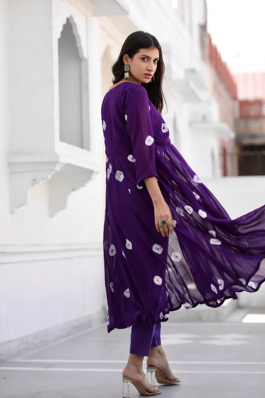 Sabita purple bhandhej anarkali set