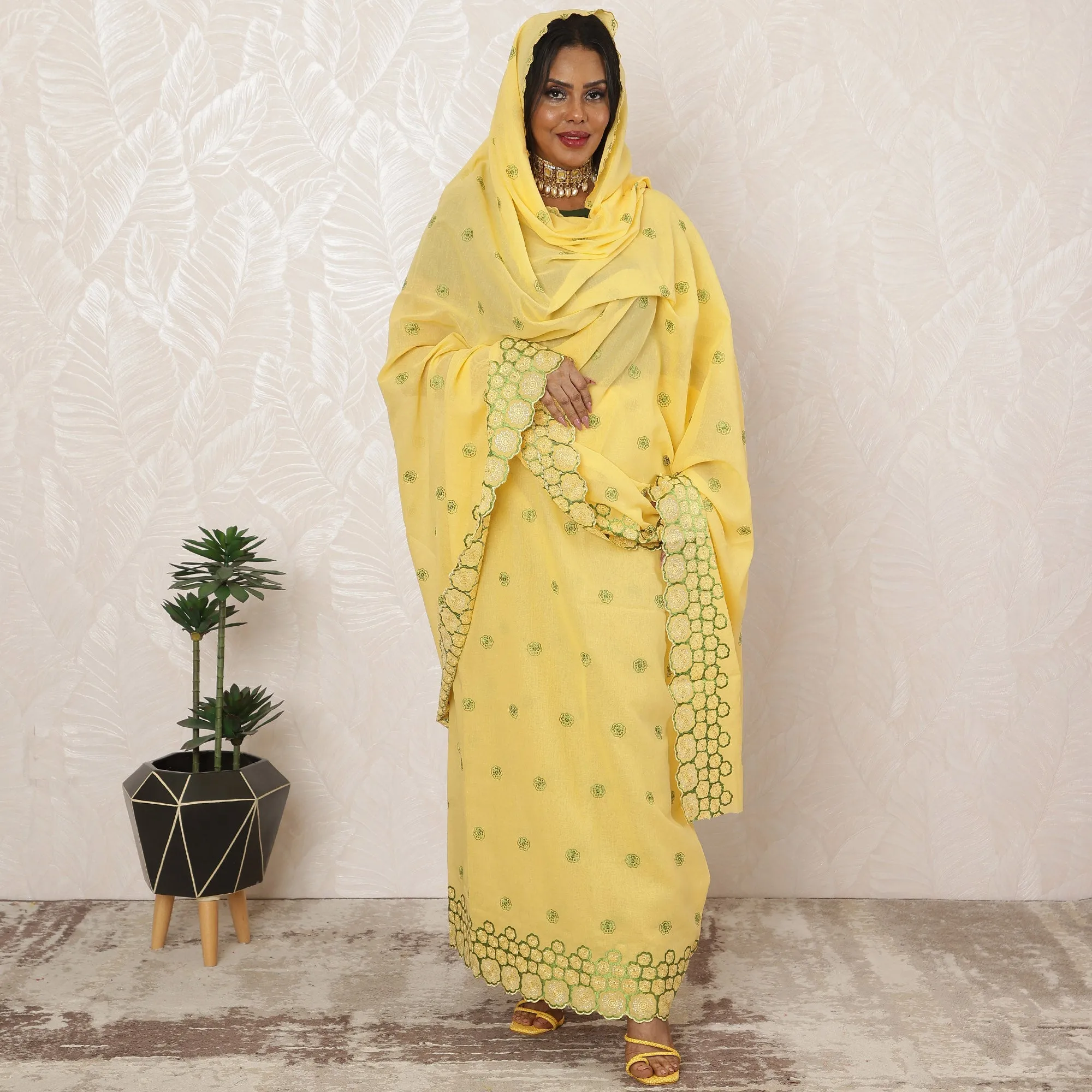 Sunny Yellow Traditional Sudanese Cotton Voile Embroidery Thobe Fabric, 4.5 Meters, 140 cm Width-D20377