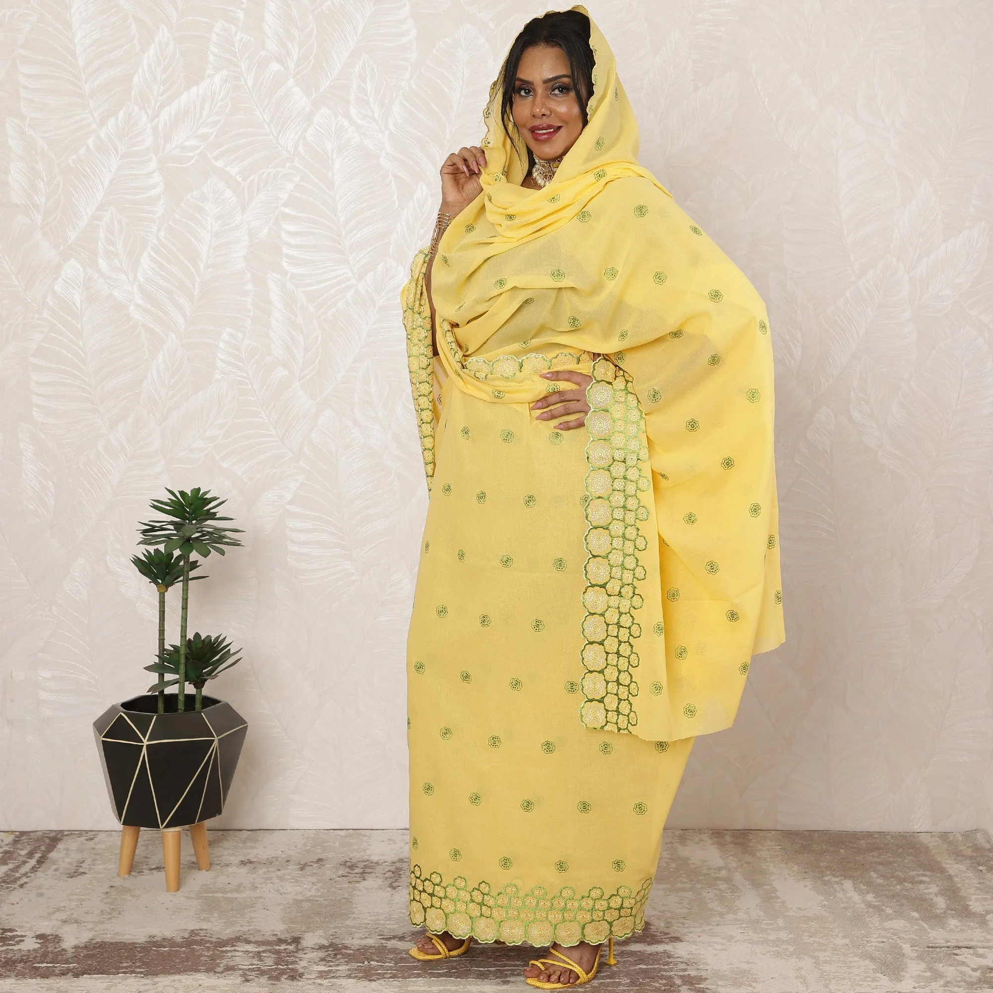 Sunny Yellow Traditional Sudanese Cotton Voile Embroidery Thobe Fabric, 4.5 Meters, 140 cm Width-D20377