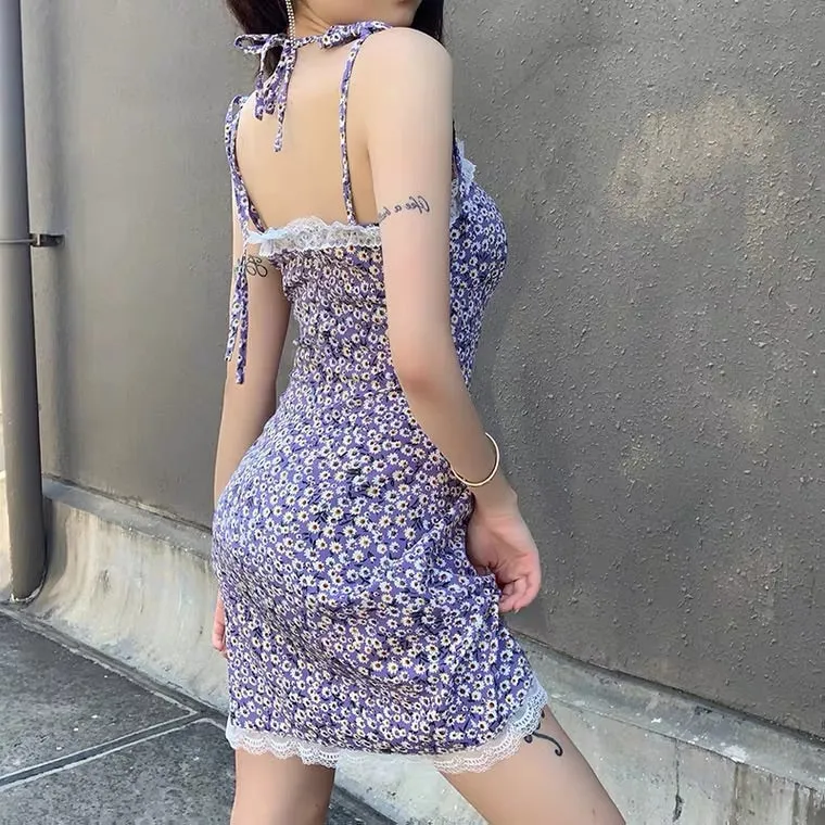 SWEET PURPLE FLORAL SLIM SLING DRESS BY30003